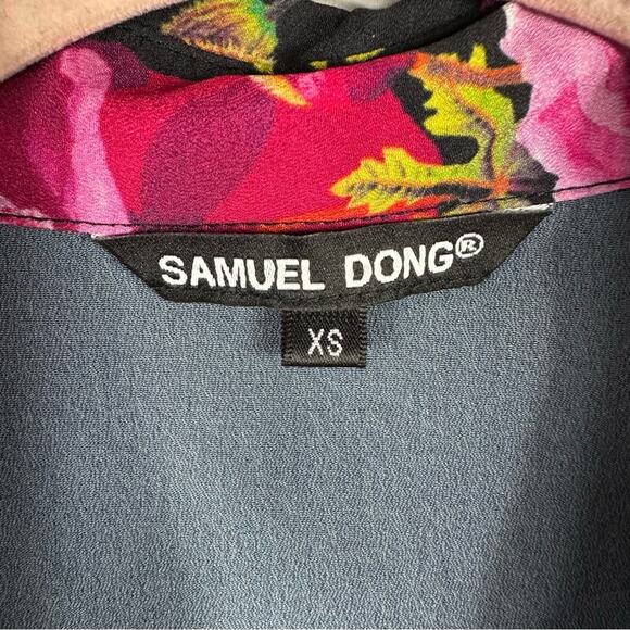 Samuel Dong Floral midi dress open shoulder ruffle sleeves black and pink - Picture 7 of 9